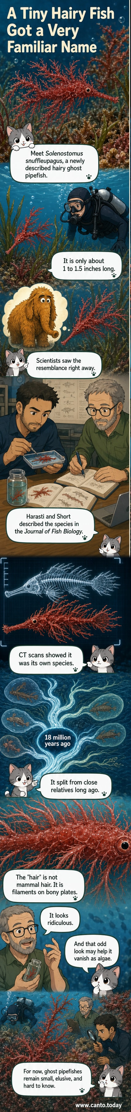 Illustration of a small, red, hairy fish with a long snout, floating among seaweed, resembling Mr. Snuffleupagus from Sesame Street.