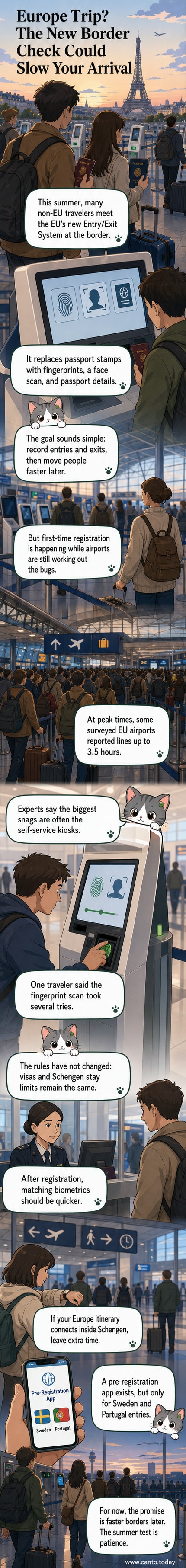 Illustration of a traveler at a European airport kiosk scanning their face and fingerprints, with a queue of people behind them and a digital 'Entry/Exit System' sign overhead.