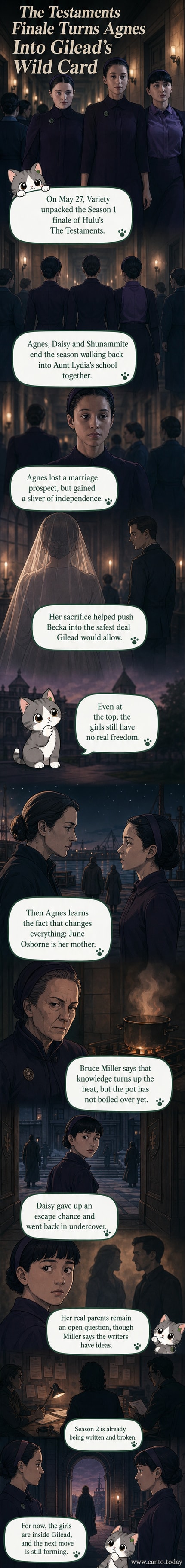 Three teenage girls in Gilead uniforms walk side by side down a long, dimly lit hallway, their expressions resolute, with the imposing silhouette of Aunt Lydia’s school in the background.
