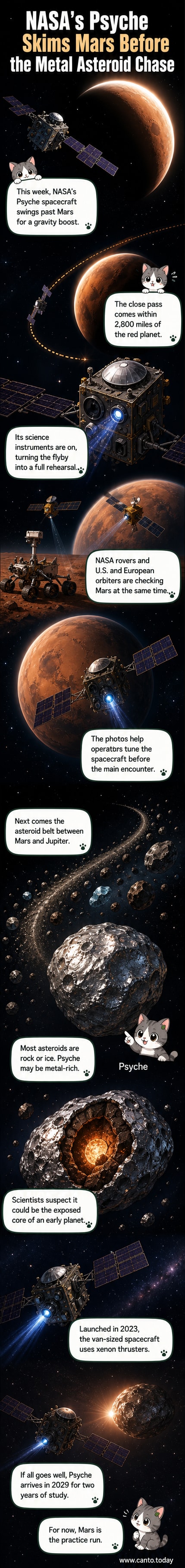 An artist's rendering of NASA's Psyche spacecraft flying past Mars, with the red planet visible in crescent view and the spacecraft's solar arrays extended.