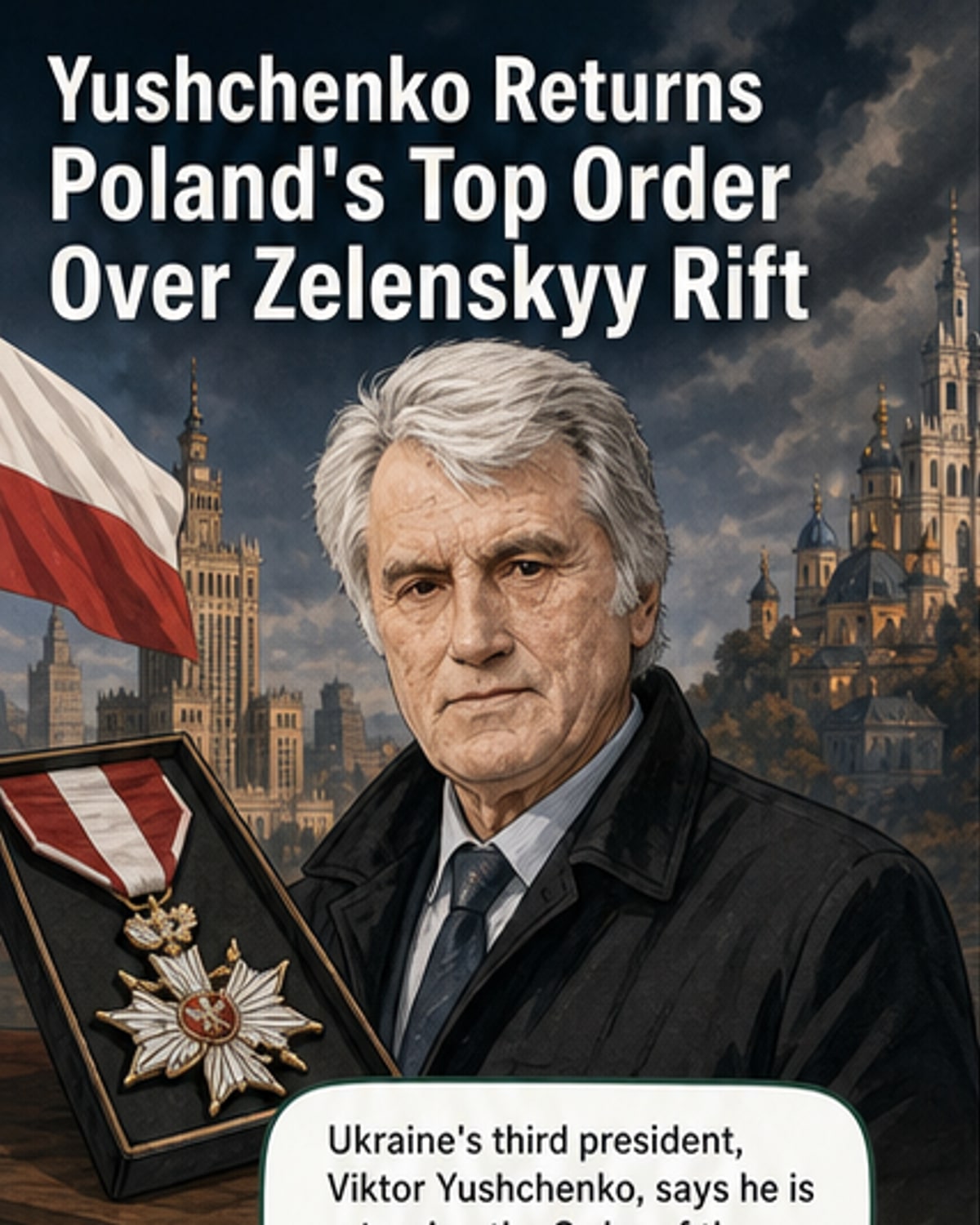 Viktor Yushchenko, former Ukrainian president, returning a Polish state honor as a symbolic protest while standing in solidarity with Ukraine's current leadership and military.