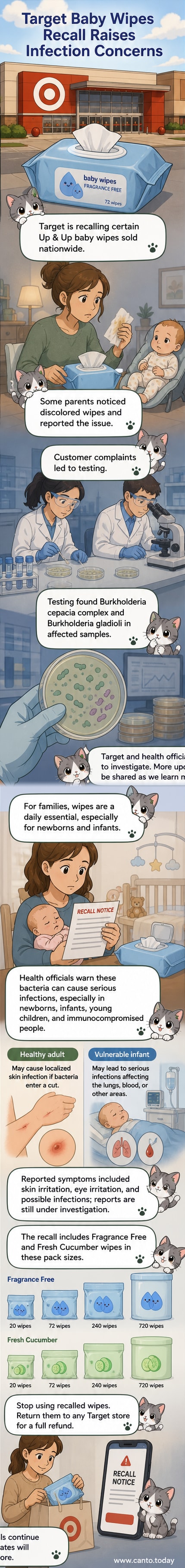 Packaging of recalled Up & Up baby wipes displayed next to a warning notice about bacterial contamination.