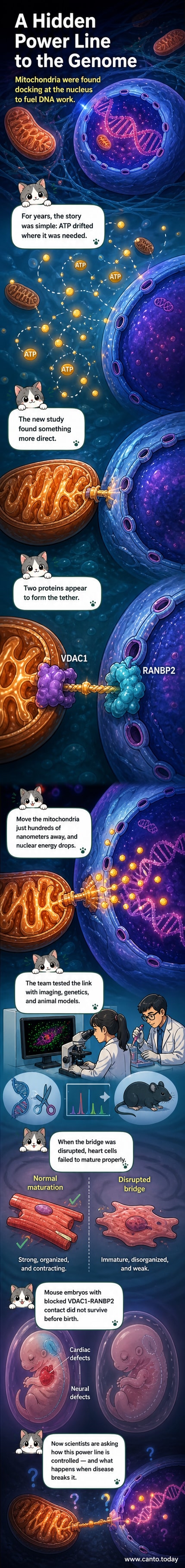 Illustration showing mitochondria physically tethered to the nucleus via protein bridges, with ATP molecules flowing directly into the nuclear compartment.