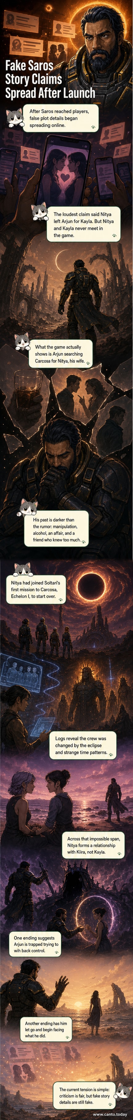 A dark, surreal landscape on the planet Carcosa from the game 'Saros,' with distorted figures and a red eclipse overhead, symbolizing the game's time-bending narrative.