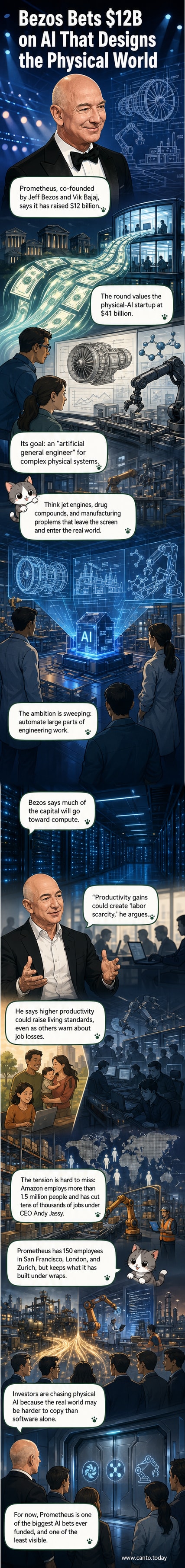 Illustration of a futuristic AI robot designing a jet engine and molecular structure in a high-tech lab, with Jeff Bezos observing from a holographic screen.