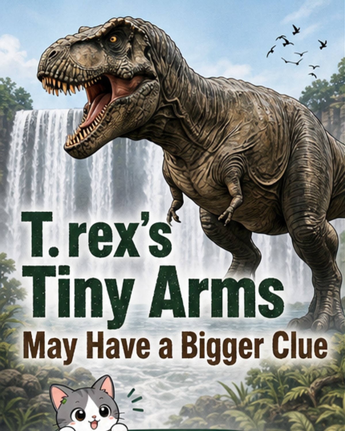 Illustration of a Tyrannosaurus rex standing in front of waterfalls, highlighting its small arms and large skull.