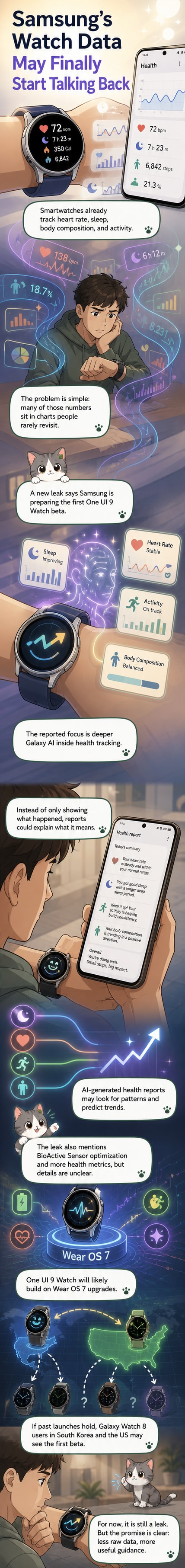 A stylized Galaxy Watch face displaying AI-generated health insights like 'Improved sleep consistency' and 'Stress trend rising,' with a neural network motif in the background.