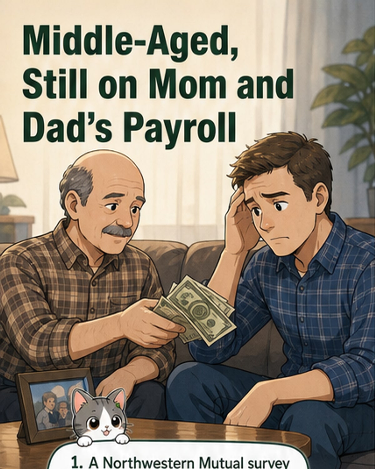 Illustration showing adult children reaching into a parent's wallet, with generations labeled and dollar amounts floating around them.