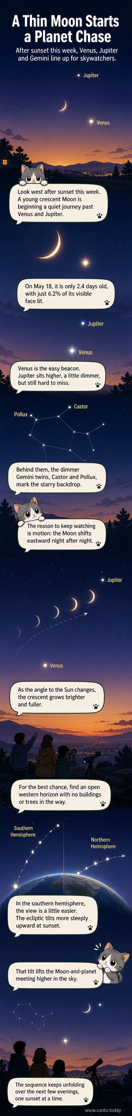 Illustrated night sky view showing a thin crescent moon near Venus, with Jupiter above and the stars of Gemini below, over a dark landscape.