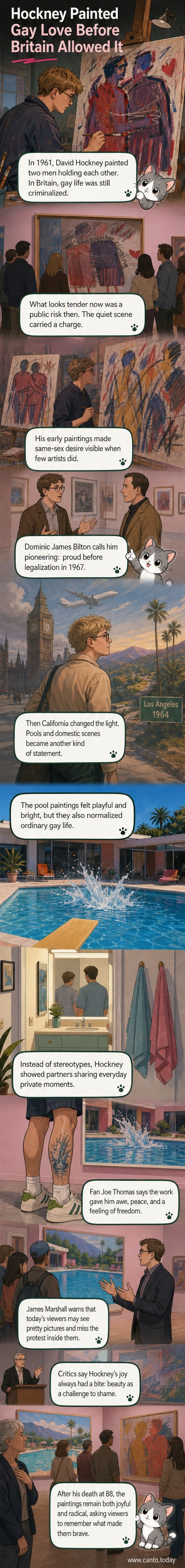 A vibrant painting of a man climbing out of a sunlit swimming pool, capturing a quiet, intimate moment in David Hockney’s iconic California series.