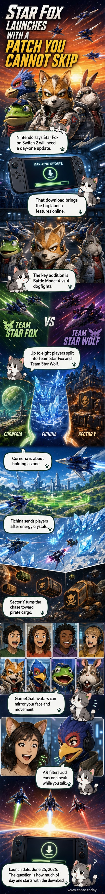 A split-screen image showing a Star Fox Arwing in flight on one side and a player using an AR filter to appear as Fox McCloud in GameChat on the other.