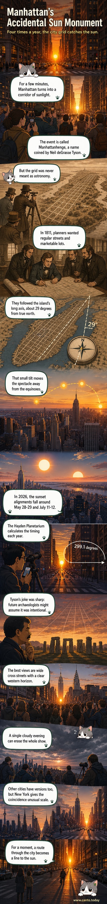 A golden sunset perfectly aligned with Manhattan’s east-west streets, glowing between skyscrapers.