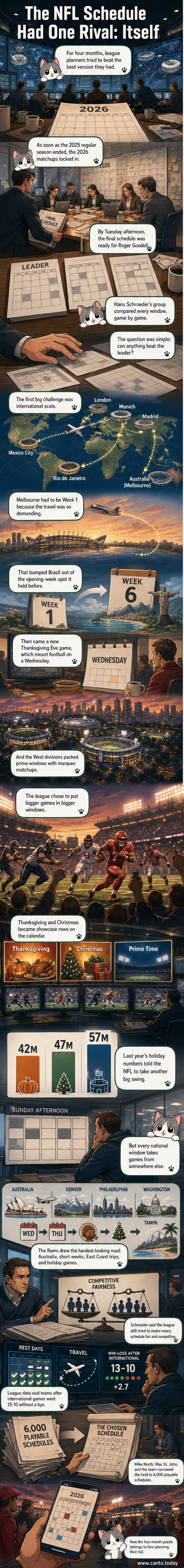 An illustrated NFL schedule board with globes, clocks, and team logos, showing games across international cities and holiday dates.