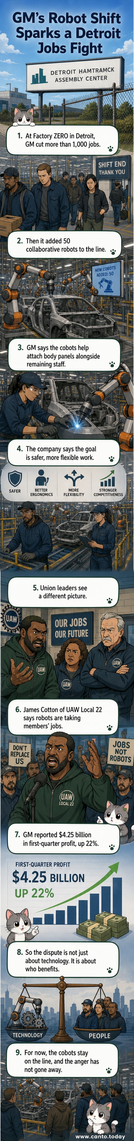 A robotic arm working on a car assembly line alongside a few human workers in a large GM factory, with the Detroit skyline faintly visible in the background.