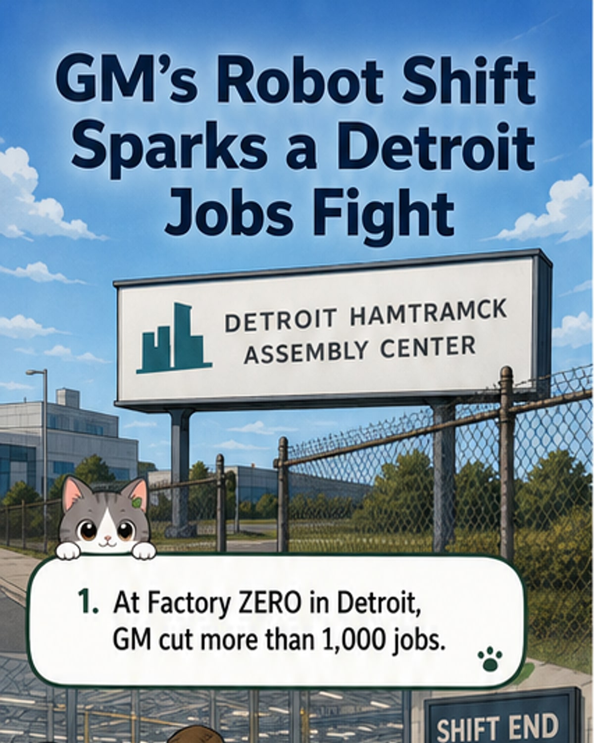 A robotic arm working on a car assembly line alongside a few human workers in a large GM factory, with the Detroit skyline faintly visible in the background.