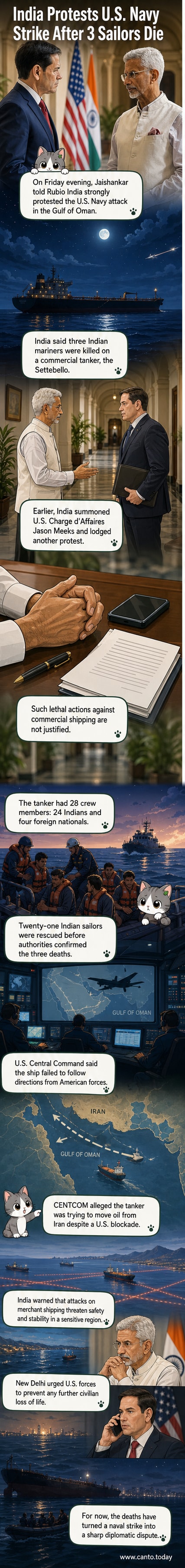 Illustrated scene showing Indian Foreign Minister S. Jaishankar speaking by phone with US Secretary of State Marco Rubio, with a damaged oil tanker in the background and text reading 'Not Justified'.