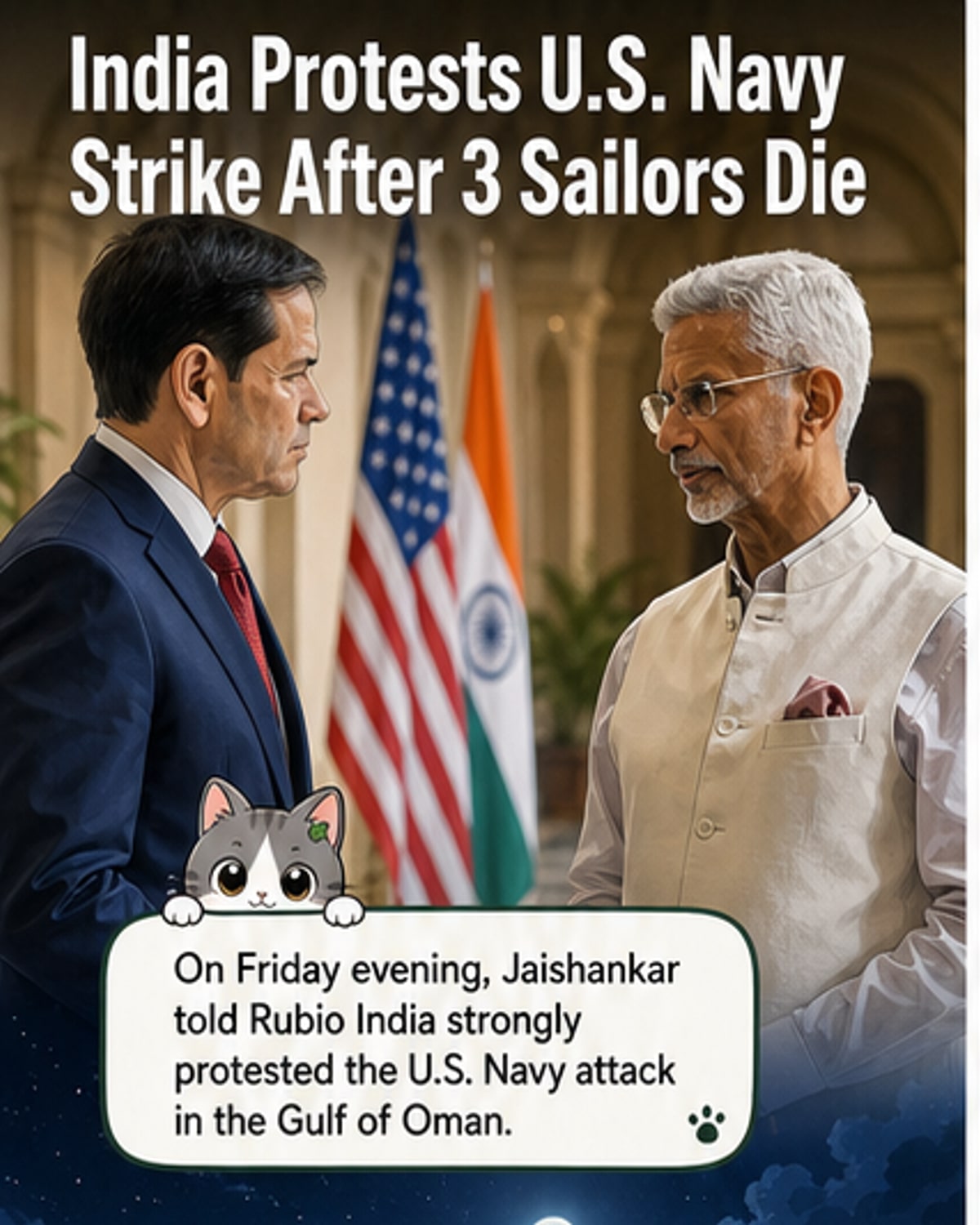 Illustrated scene showing Indian Foreign Minister S. Jaishankar speaking by phone with US Secretary of State Marco Rubio, with a damaged oil tanker in the background and text reading 'Not Justified'.
