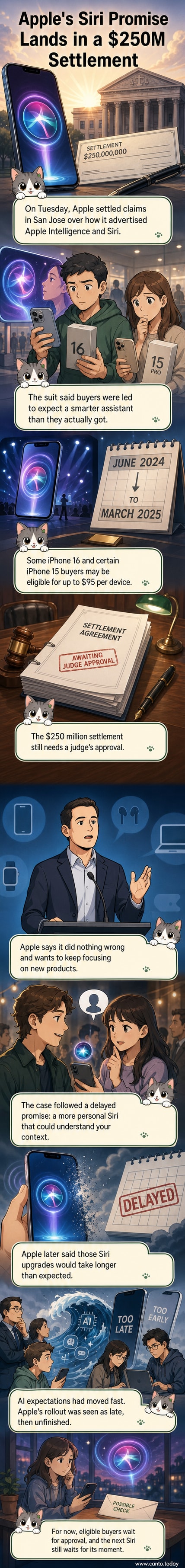 Illustrated courtroom scene with Siri interface on a smartphone, gavel in foreground, and 'Settled' stamp in red.