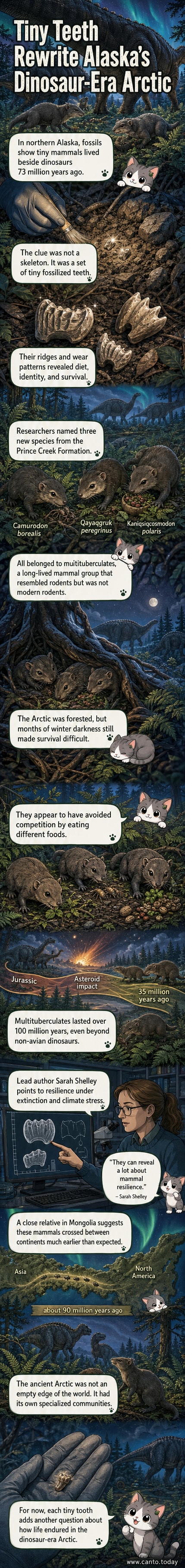 Illustration of small prehistoric mammals foraging under conifer trees in a dim Arctic forest, with distant dinosaur silhouettes and a dark winter sky above.