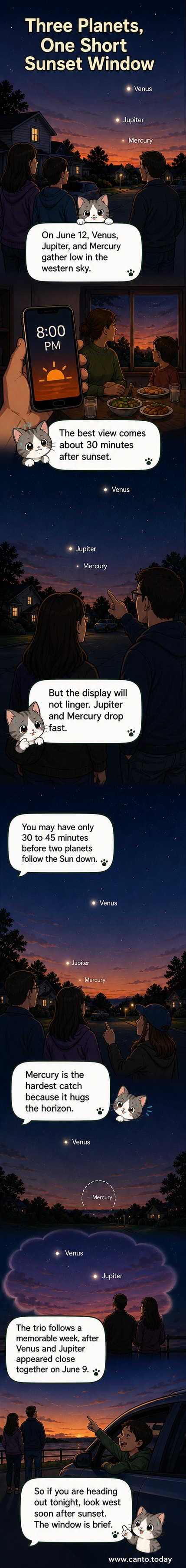 Night sky illustration showing Mercury, Venus, and Jupiter aligned above a city skyline at sunset, with stars and a crescent moon in the background.