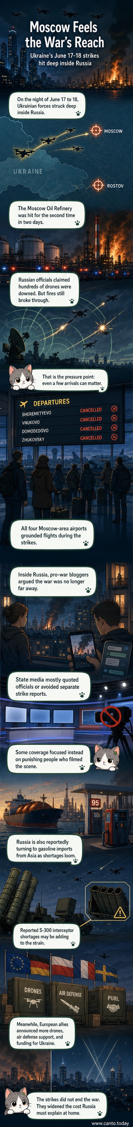 A fiery explosion at the Moscow Oil Refinery at night, with drones visible in the sky above the city skyline.