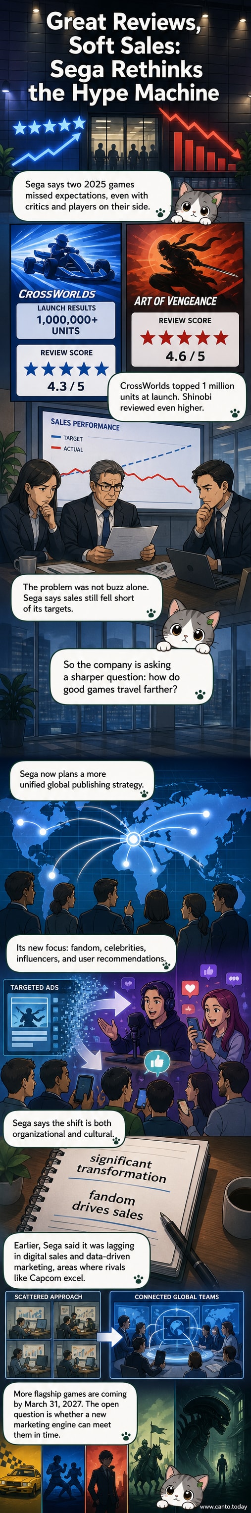 Illustration of Sega's mascot Sonic the Hedgehog standing beside a smartphone displaying influencer content, with fading sales charts in the background.