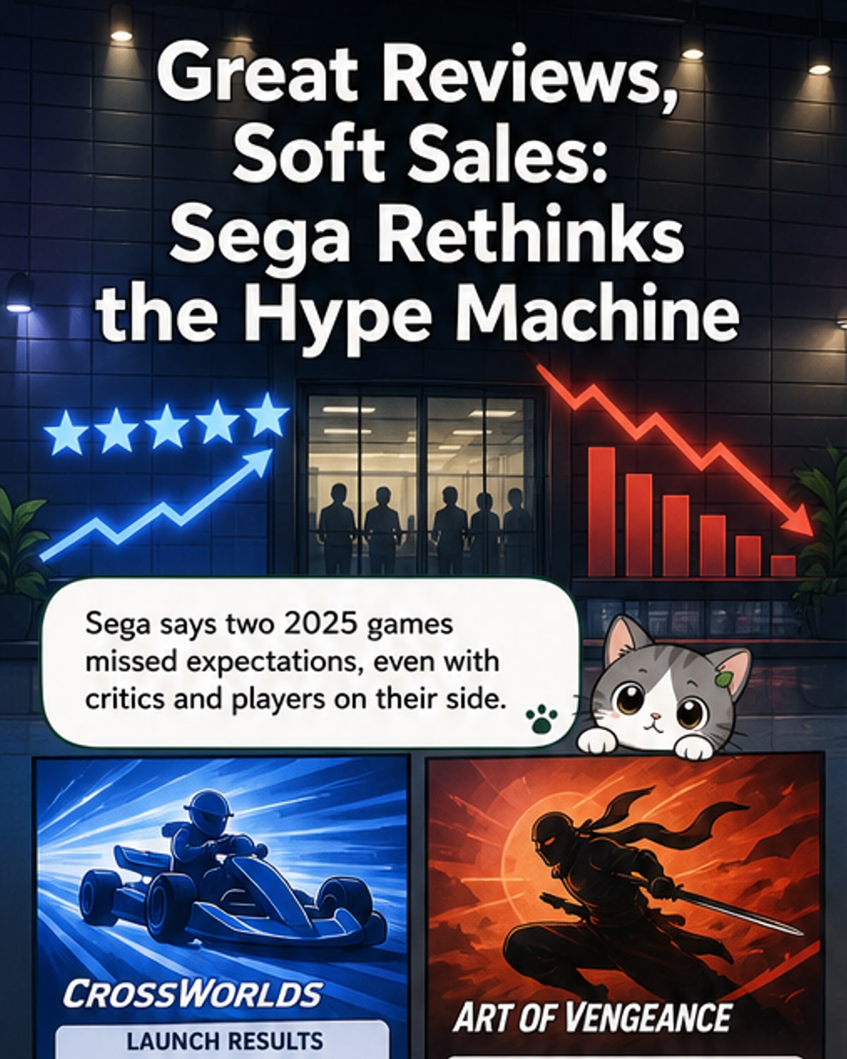 Illustration of Sega's mascot Sonic the Hedgehog standing beside a smartphone displaying influencer content, with fading sales charts in the background.