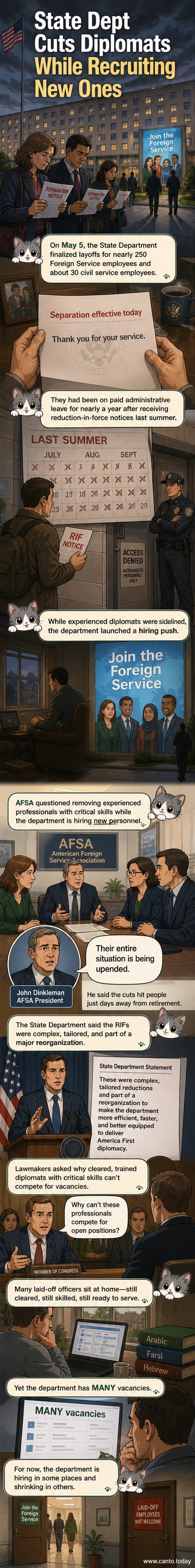 Illustration of a diplomatic office with dimmed lights, a briefcase left on a desk, and a 'Position Eliminated' notice on the door.