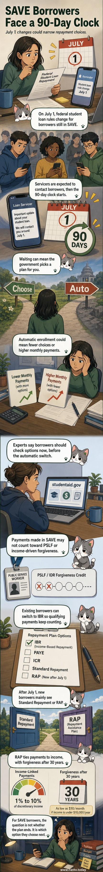 Illustration of a student looking at a phone showing a 'SAVE Plan Expiring' notification, with calendar dates and repayment options floating nearby.