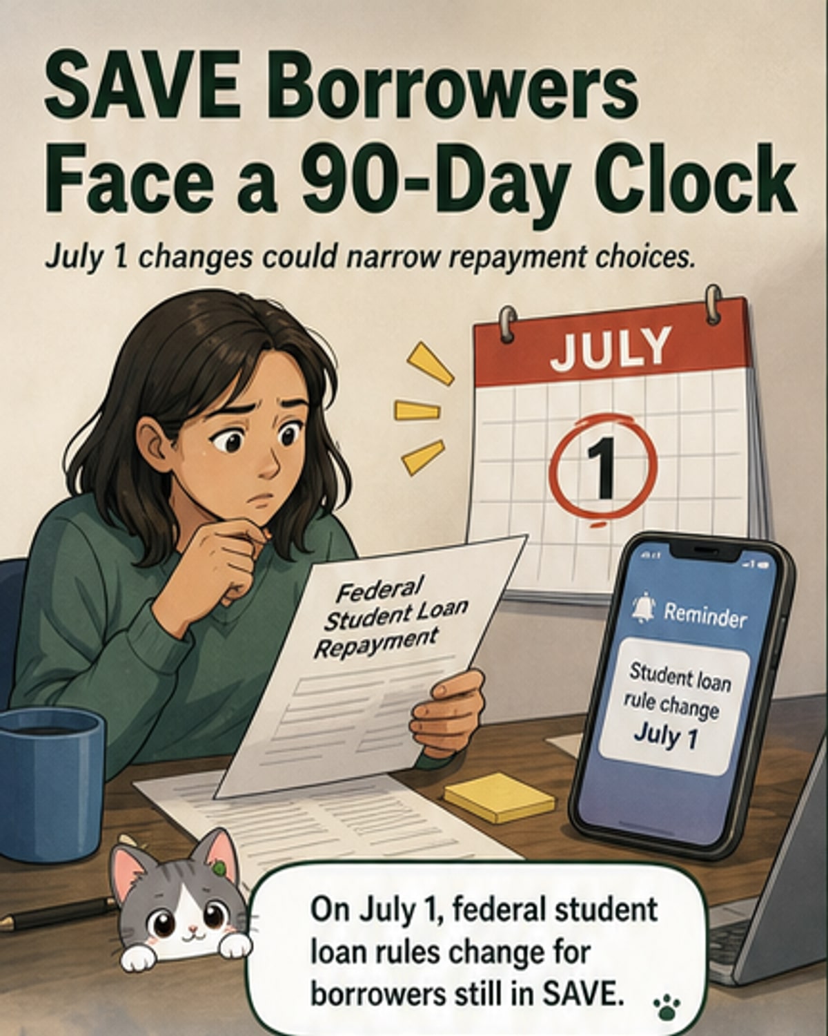 Illustration of a student looking at a phone showing a 'SAVE Plan Expiring' notification, with calendar dates and repayment options floating nearby.