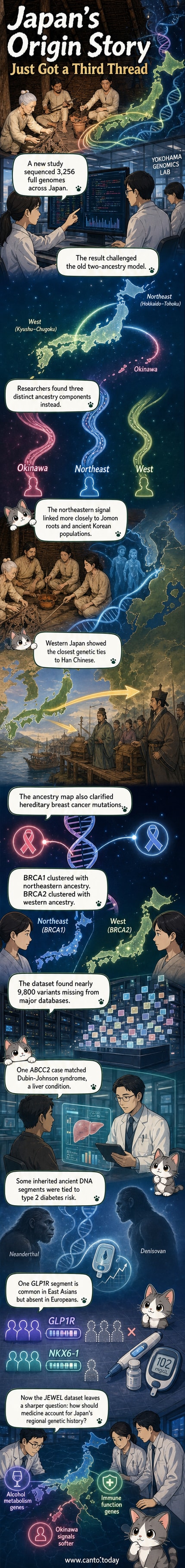 An illustrated DNA helix overlaid on a map of Japan, with three distinct color-coded ancestral regions highlighted: Okinawa, northeast, and west.