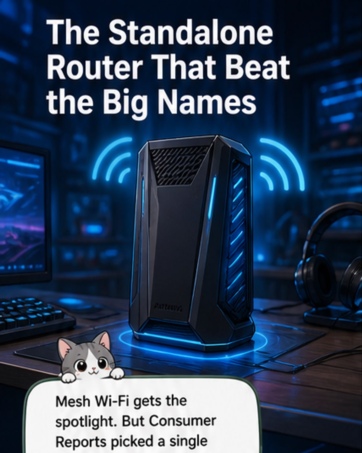 Illustration of the Asus ROG Strix GS-BE12000 router with glowing signal waves spreading across a home floor plan, highlighting speed and coverage.