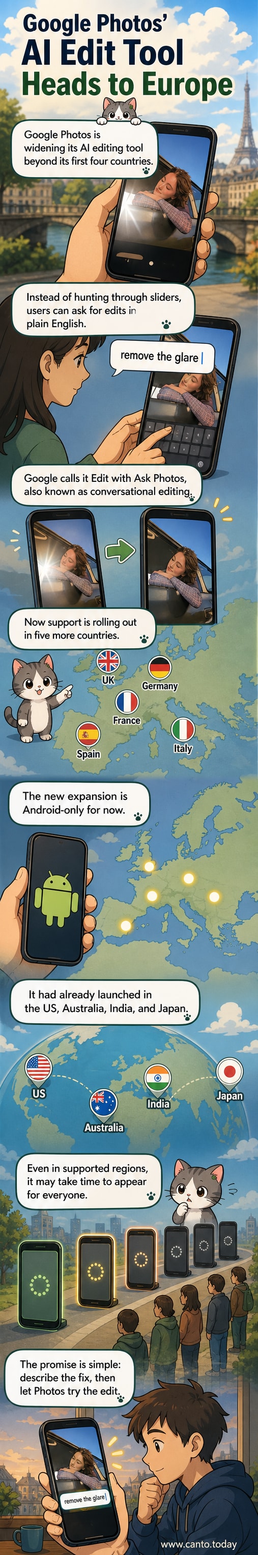 A smartphone screen showing the Google Photos app with a text prompt 'remove distractions' being typed to edit a photo using AI.