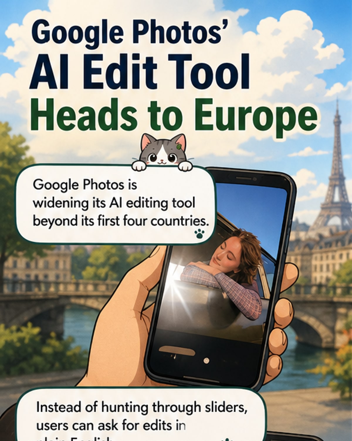 A smartphone screen showing the Google Photos app with a text prompt 'remove distractions' being typed to edit a photo using AI.