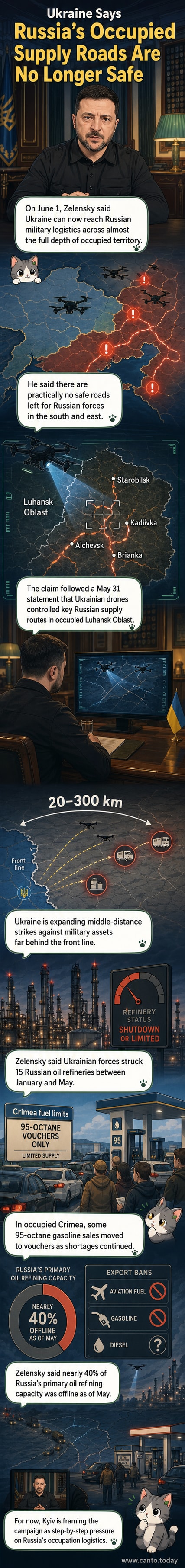Illustration showing Ukrainian drones targeting oil refineries and supply routes across occupied eastern Ukraine and Crimea, with maps and strike timelines.