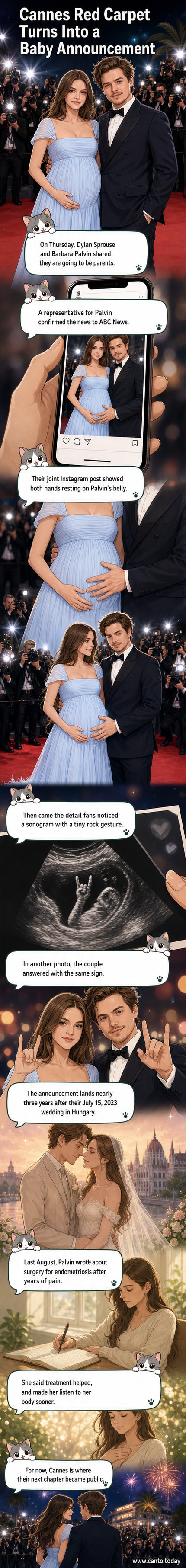 Dylan Sprouse and Barbara Palvin at the Cannes Film Festival, posing with hands on her pregnant belly, both smiling in formal wear.