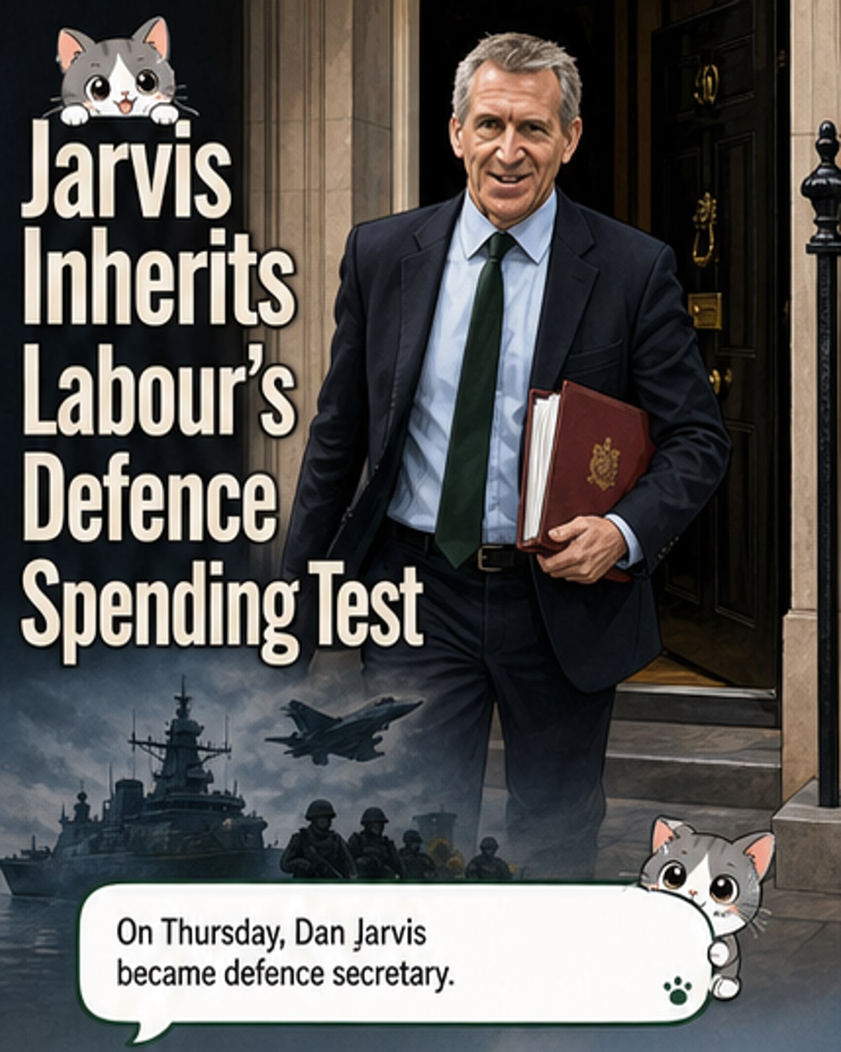 Illustration of Dan Jarvis in military-inspired attire, standing before a backdrop of defence equipment and a chart showing rising spending targets.