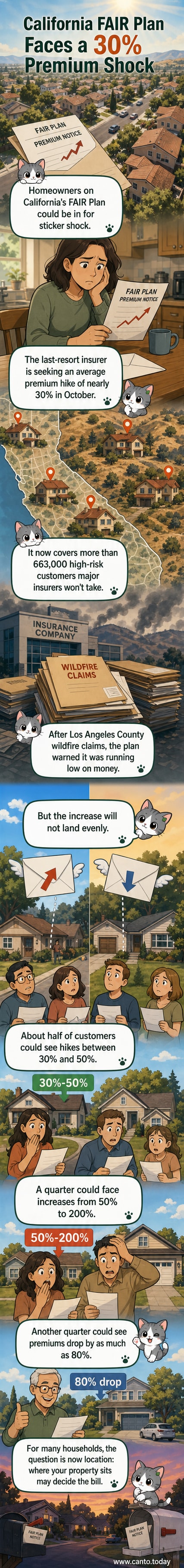 Illustration of a house with a price tag showing a rising insurance premium, surrounded by wildfire smoke and warning signs.
