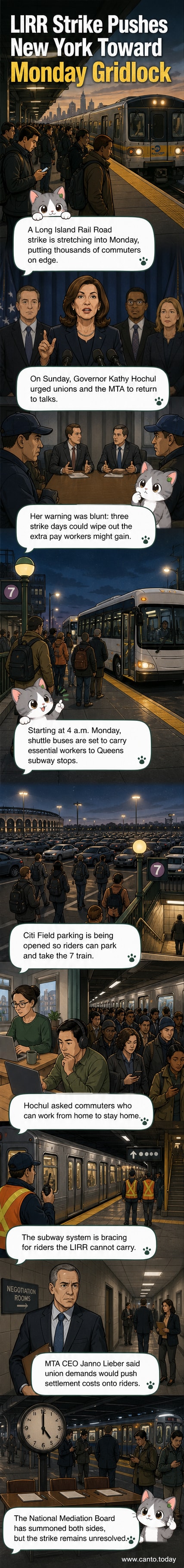Illustration of a stalled LIRR train with commuters looking on, shuttle buses nearby, and a city skyline in the background.