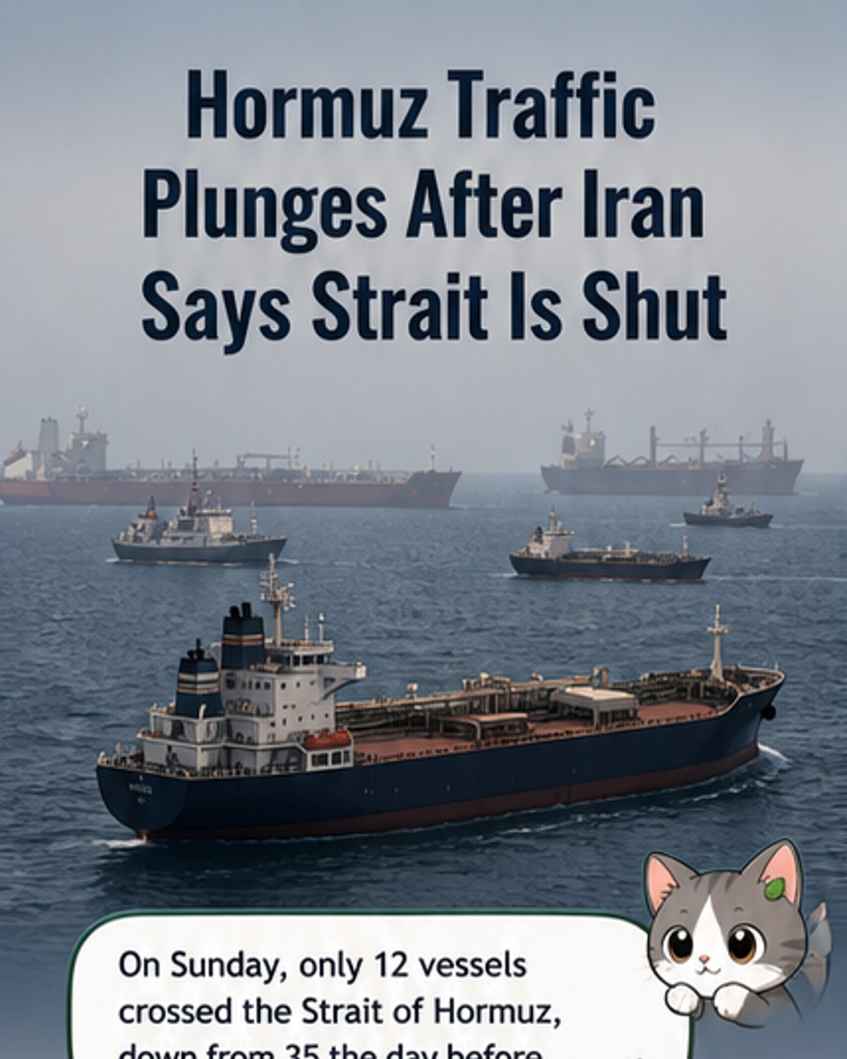 Illustration of cargo ships stalled near the Strait of Hormuz, with military vessels and oil tankers in the background, under a tense sky.
