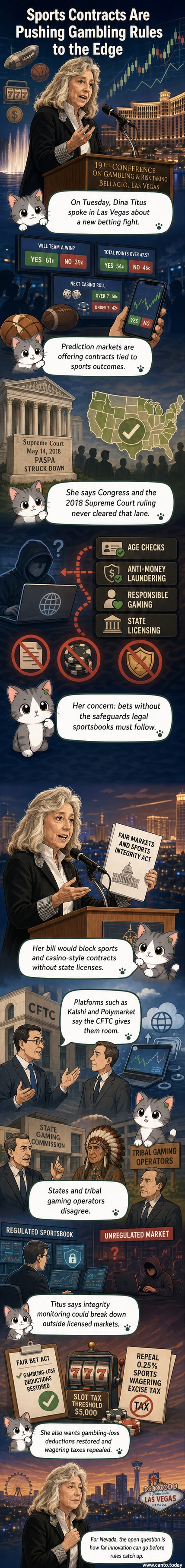 Illustration of a U.S. Capitol building with sports betting odds and financial charts floating above, one hand holding a gavel labeled 'Regulation' and another handing over a contract labeled 'Prediction Market'.