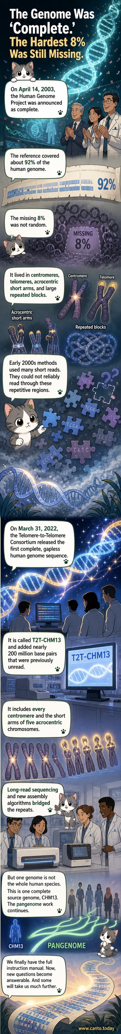 An illustrated timeline showing the 2003 Human Genome Project announcement with a partial DNA helix, transitioning to the 2022 T2T Consortium release with a fully complete, glowing helix.
