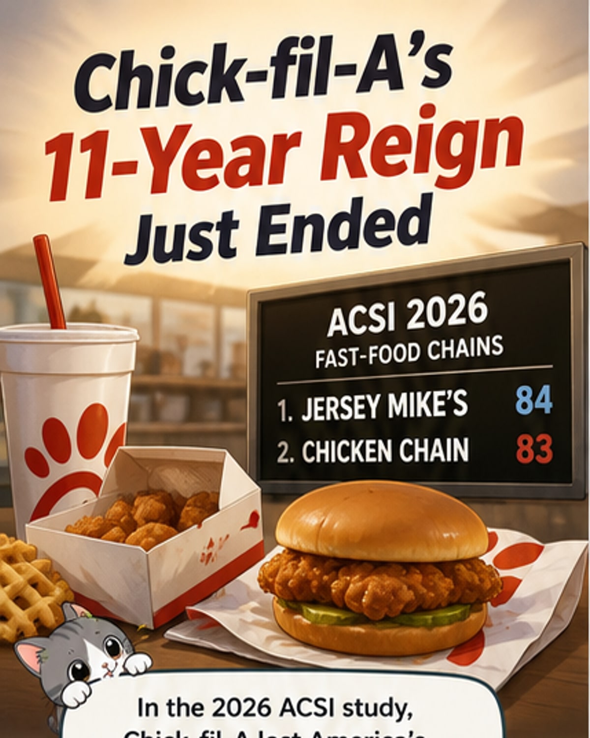 Two fast food sandwich wrappers side by side, one from Jersey Mike's and one from Chick-fil-A, with a trophy icon leaning toward Jersey Mike's.