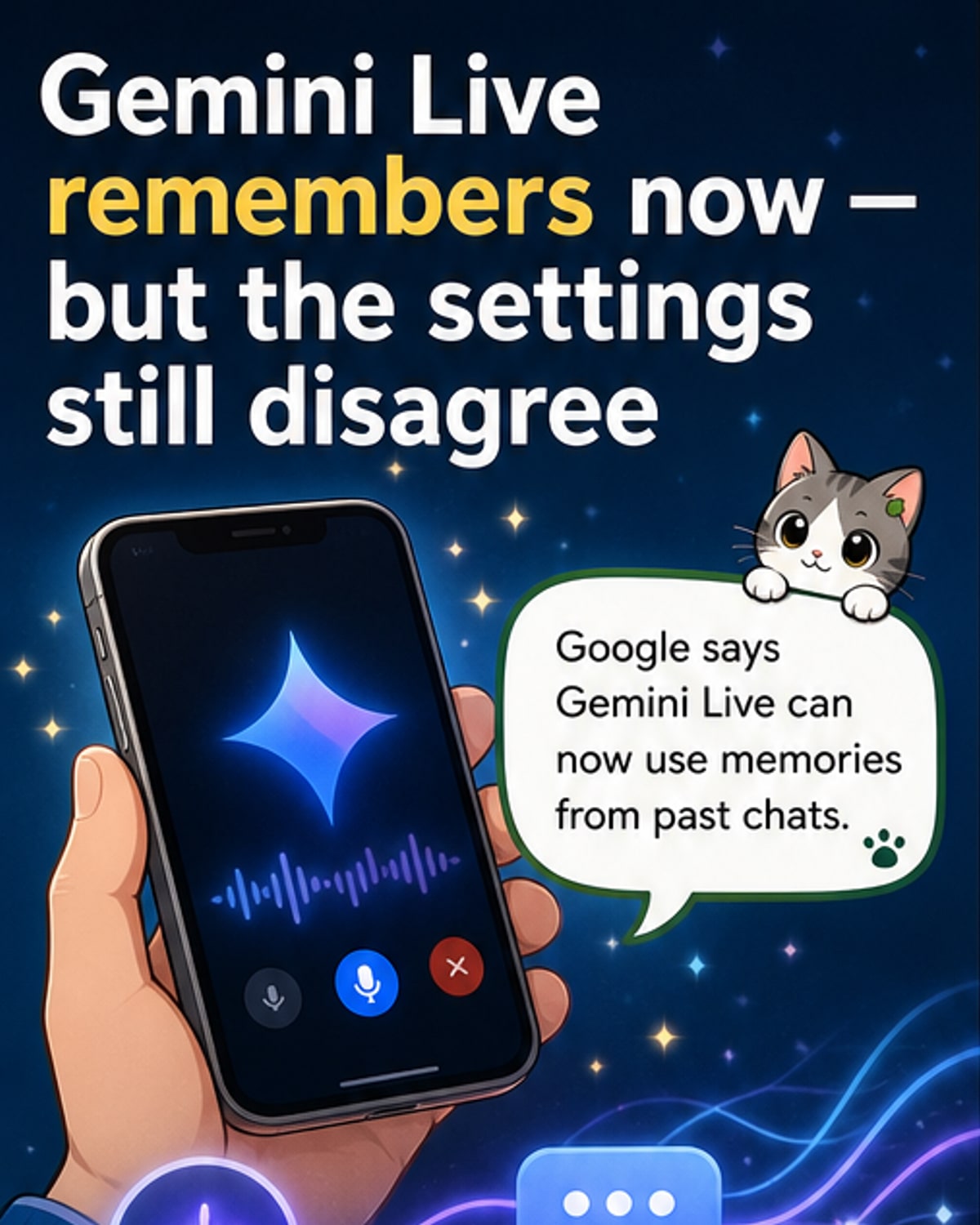 Illustration of a smartphone showing Gemini Live interface with memory icons flowing from past chats into a current conversation bubble.