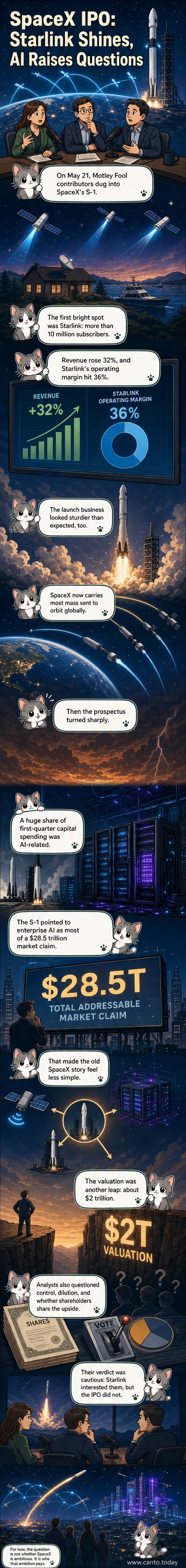 Illustration of a SpaceX rocket launching beside a glowing AI data center in orbit, with Starlink satellites forming a network around Earth.