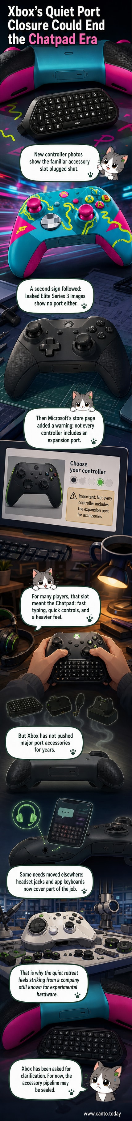 An Xbox wireless controller with the bottom accessory port visibly absent, highlighting a design update.