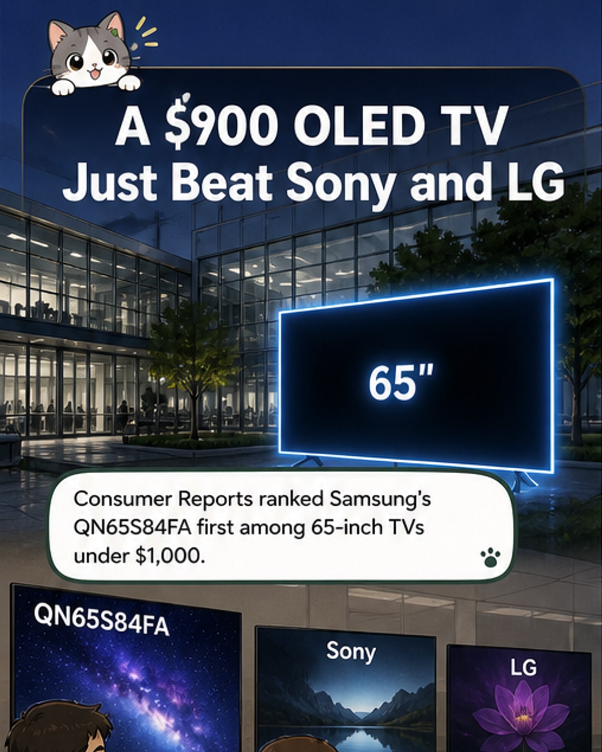Illustrated panel showing a sleek black Samsung OLED TV glowing in a dim room, with side-by-side comparisons to Sony and LG models and a 'Best Value' badge.
