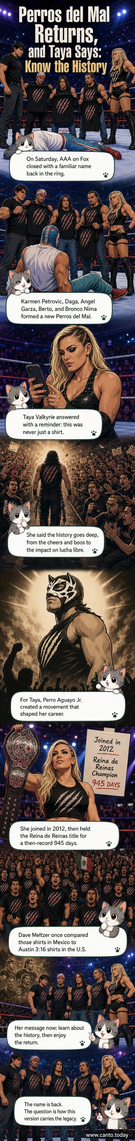 A group of wrestlers in black Perros del Mal t-shirts stand together in a spotlight, raising their fists as smoke fills the ring.