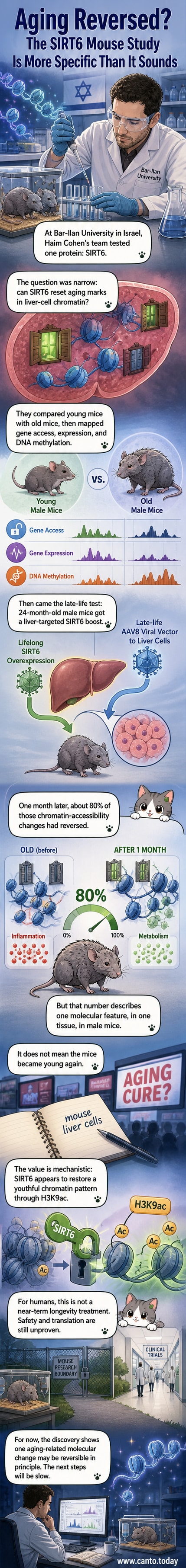 Illustrated panel showing aged mouse liver cells with disorganized chromatin, transitioning to a more youthful pattern after SIRT6 protein boost.
