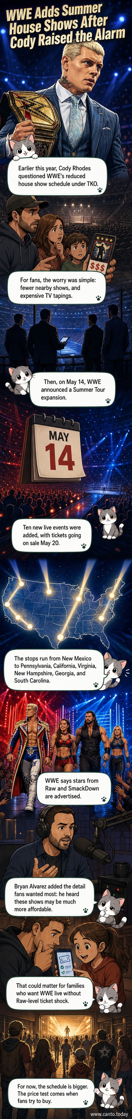 WWE logo with a tour map showing new 2026 summer house show locations across the U.S., highlighting cities like Las Cruces, Allentown, and Savannah.